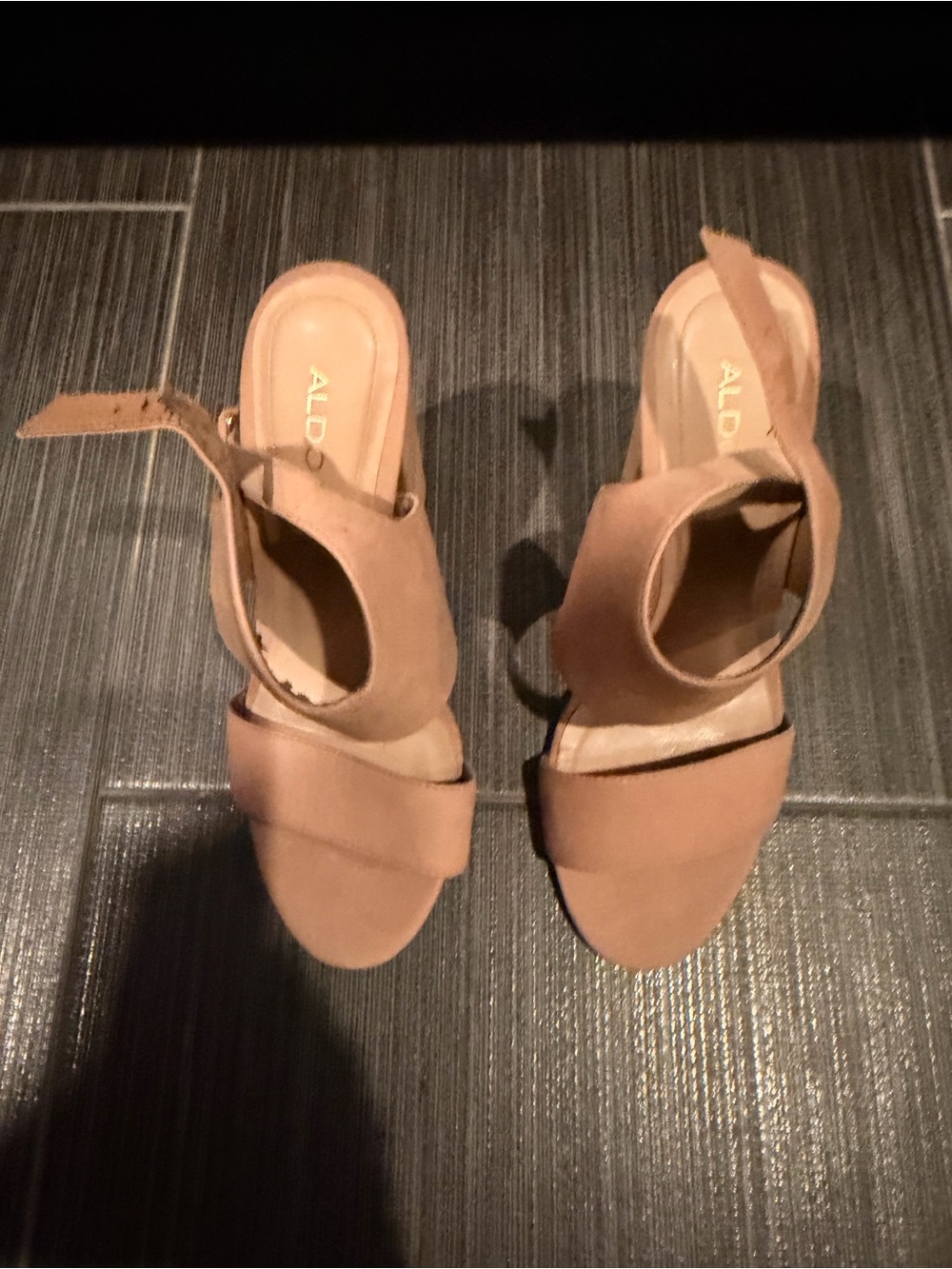 ALDO Womens Beige Suede Block Heel Sandals with Ankle Strap